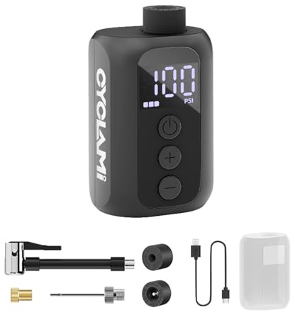 CYCLAMI A5S Mini Pompe à air, électrique pour vélo Pompe,Électrique Compacte Max 100 PSI,Arrêt Automatique,Valves Presta et Schrader pour VAE, VTT et Vélo de Route(98g)