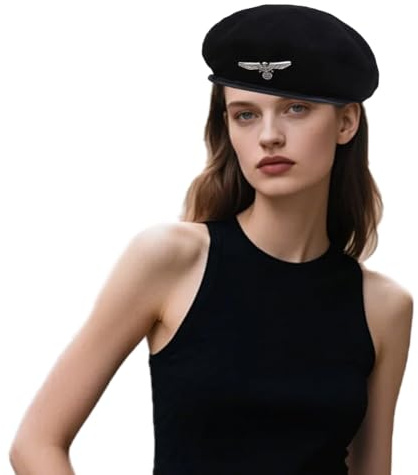 Besforta Baskenmütze aus Wolle, Militär-Stil, für Damen und Herren, verstellbar, Armee-Baskenmütze mit Lederbesatz