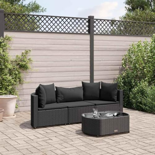 QJBSAVVA 4-TLG. Gartenmöbel-Set Schwarz 63x63 cm Poly-Rattan Eckbank mit Mittelsofa Couchtisch und Kissen Modernes Design für Balkon Terrasse und kleine Gärten