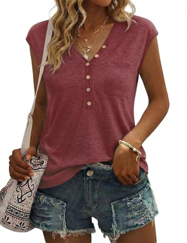 Gyabnw Camiseta Mujer Cuello V sin Mangas Blusa Verano Ligera Suave y Transpirable con Bolsillo para Trabajo y Tiempo Libre