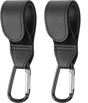 2 Pcs Buggy Clips,Black Non-Slip PU Leather Pram Hook,Universal Carabiner Hook,Black Carabiner Clips,for Buggy Pram Rocker Stroller Hanging Your Shopping Bags(Black)