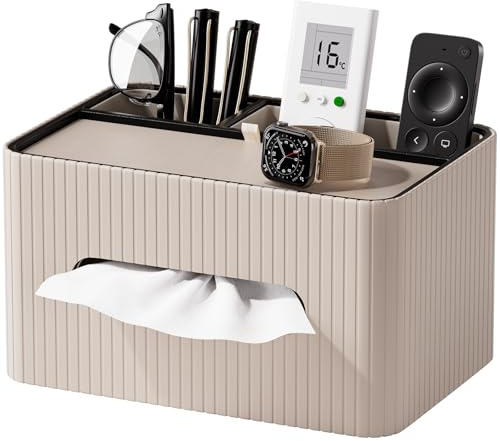 KINGFOM Kosmetiktücherbox aus PU Leder mit Ablage, Rechteckige Taschentuchbox mit 2 Fächern – Moderne Tissue Box Taschentuchspender für Wohnzimmer, Badezimmer & Büro, Tücherbox Organizer (Beige)