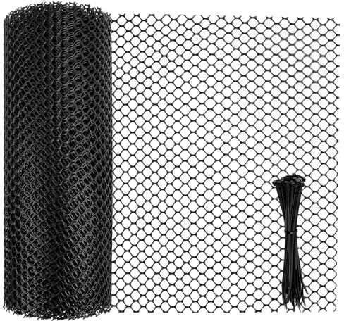 CAIYUANGUANGJIN Plastic Chicken Wire Mesh Roll 40cm x 10m, Black Reusable 12mm Hexagonal Netting for Garden Fencing, Poultry Breeding, Pet Safety Barrier with 100 Cable Ties
