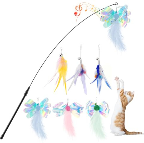 Pawaboo Jouet interactif pour Chat Baguette à Plumes 1 Baguette+6 Plumes | Jouet canne à plumes pour chat – Baguette extra-longue (34,5 po) pour jeu et exercice, Colorée