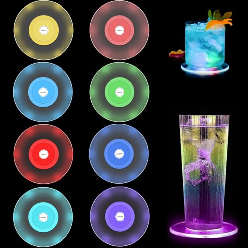 Joycabin 8 Stück LED Untersetzer 10cm, Runde Acryl Getränkeuntersetzer | Leuchtende LED Untersetzer mit 7 Farben und wasserdichtem Design, ideal für Getränke, Partys, Hochzeiten und Bar Dekoration