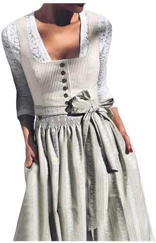 LKRSEEF Dirndl Damen Oktoberfest Damen Outfit Midi Dirndlkleid Trachtenkleid Oktoberfest Dirndl Kleidung Trachtenmode Kleid Tracht Dirndlkleid Schürze Dirndlschürze Grau