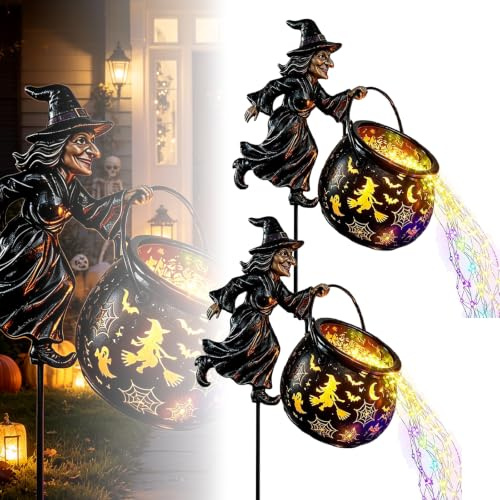 Dewppxi Halloween-Hexenkessel-Gartenleuchte, Halloween Witch Cauldron Garden Light, Verzauberter Hexenkessel Solar Gießkanne mit Wasserfall Lichterkette für Garten, Terrasse und Balkon，2 Stück