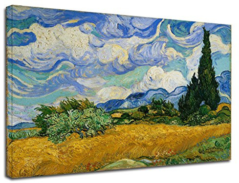 Quadro Van Gogh Campo di grano con cipressi - Quadro stampa su tela canvas con o senza telaio (CM 130X102, QUADRO CON TELAIO IN LEGNO)