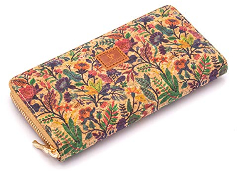 GELDBÖRSE/Geldbeutel FÜR Damen, Gross, VIELE FÄCHER, MIT Reissverschluss, VEGAN, VEGANES Leder, Kork, NACHHALTIG, BUNT, Motiv Blumen, Vintage