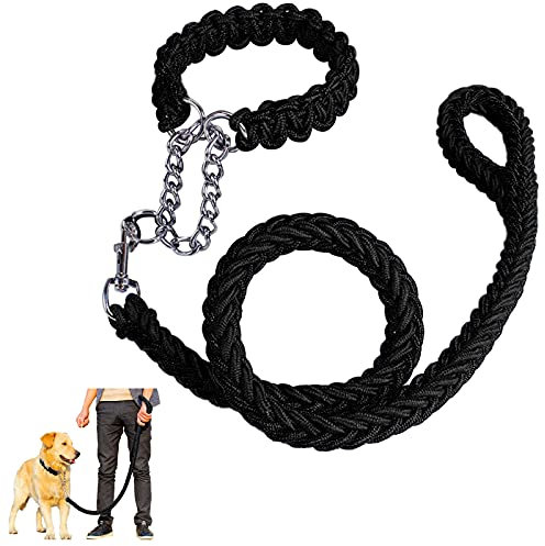 Dog Rope Heavy Duty Dog Woven Leash Collar Set Nylon Eight Strand Braided Lead Pet Walking Training Rope Non-slip Handle Collar for Small Medium Large Dogs (Black, XL)