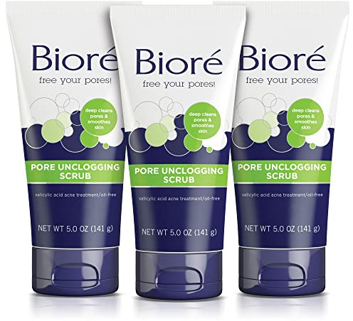 Bioré Pore Unclogging Scrub, Removes Excess Dirt and Oils, Face Scrub, with Salicylic Acid, Oil Free, 5 Ounces, Pack of 3