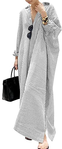 chouyatou Women's Casual Long Sleeve Button Down Loose Striped Cotton Maxi Shirt Dress (Medium, Grey)