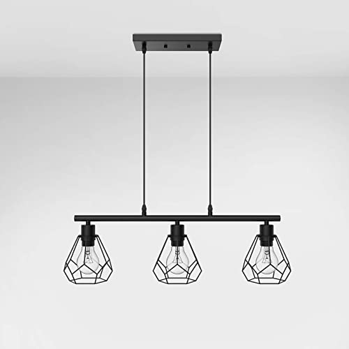 EMKE Pendelleuchte Hängelampe Schwarz, Vintage Pendellampe Wohnzimmer Hängeleuchte 3 flammige Lampenfassung E27 Lampe, Esszimmerlampe Wohnzimmerlampe Küchenlampe Kronleuchter