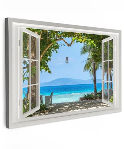 MuchoWow© Quadri su Tela Foto Quadro Moderno Soggiorno Canvas Decorazioni | 90x60 cm - Camera da Letto Vista dalla finestra - Albero - Mare - Palma - Colline - Spiaggia - Blu