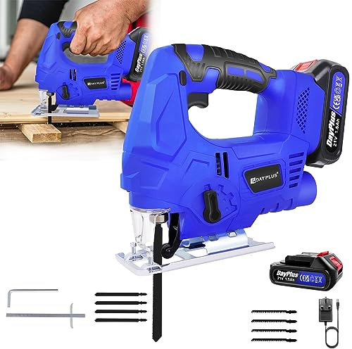 Cordless Brushless Jigsaw Cordless Multi Tool with Battery and Charger, Cordless Jigsaw Tool for Wood Metal Cutting, Cordless Jigsaw with Battery and Charger, 3000spm, LED Light,4 Bevel Adjustmen