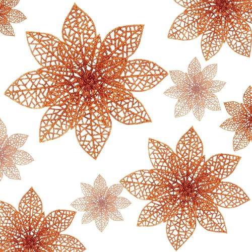 Wironlst 24 Pieces Glitter Poinsettia Flowers Christmas Tree Ornaments, Glitzy Poinsettia Bushes Christmas Decorations for Xmas/Holiday/Seasonal/Wedding (Orange)