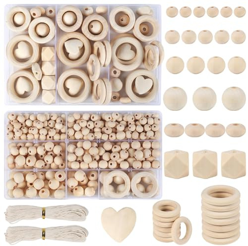 Minnhua 416 Stück Holzperlen Makramee Set Holzringe zum Basteln Holzperlen zum Auffädeln Holzkugeln mit Loch Natur Runde für DIY Schmuck Herstellung mit Bastelseilen