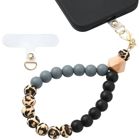BEEFLYING Silicone Beaded Phone Charm Wrist Strap for Case, Black Gray