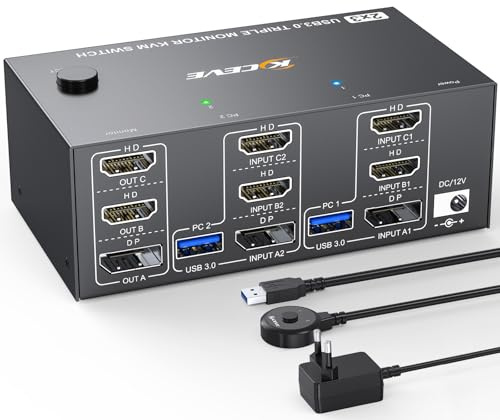 KVM-omkopplare 2 PC 3-bildskärmar 8K@60Hz 4K@144 Hz, trippelbildskärmar displayport 2 HDMI KVM-omkopplare för 2 PC-delning 3 bildskärmar och 4 USB 3.0-enheter med kabelfjärrkontroll och 2 USB-kabel