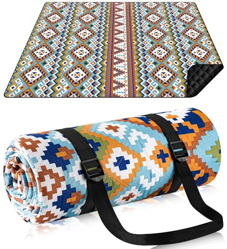 Votoko Couverture de pique-nique - 200 x 200 cm - Imperméable - Style bohème - Sans sable - Avec sangle de transport - Portable et lavable - XXL - Pour camping, randonnée, parc, plage (4 à 6 personnes