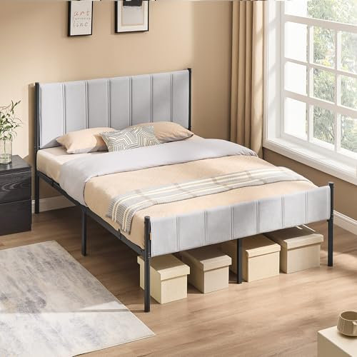 VASAGLE Cadre de Lit Double, 140 x 190 cm, avec Tête de Lit Rembourrée, en Acier, Supporte Jusqu'à 500 kg, Montage Facile, Gris Tourterelle RMB973G01
