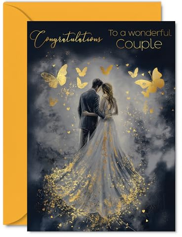 Friends Family Wedding Card - Gold Butterflies Happy Couple - Golden Marriage Congratulations Card from Colleague Neighbour, 5x7 Inch Butterfly Well Done Congrats Gifts Greeting Cards