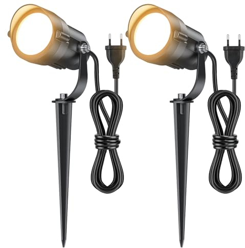 HIBOITEC 2 Pcs Garden Spot Lights with 1,5m Cable, 12W Outdoor Spike Lights 3000K Warm White Garden Lights with Power, 1320lm, 270° Swivel Landscape Lights for Yard, Walkway, Terrace (Warm White)