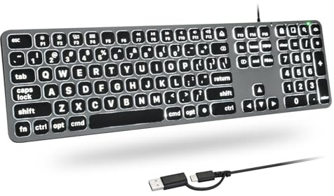 KOPJIPPOM Grand clavier rétroéclairé pour Mac, double interface, profil bas, frappe silencieuse, clavier d'ordinateur filaire pleine taille avec pavé numérique compatible avec Apple MacBook Air/Pro