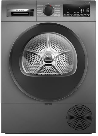 Bosch WQG243DR10 Serie 6, Wärmepumpentrockner 9 kg, Extra Kurz Trockenprogramm, Halbe Beladung Option, Auto Dry, Easy Clean Filter, Sensitive-Drying-System, Trommelreversierung, Innenbeleuchtung, Grau
