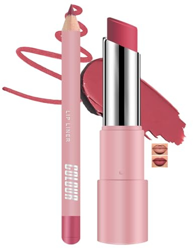 Waterproof Long-Lasting Matte Lipstick & High-Velvet Lip Pencil Set 05# - Pink Tone Everyday Wear Lip Makeup Kit with Sleek Packaging, Coordinated Rose Shade for Women, Lasting Colour Payoff &