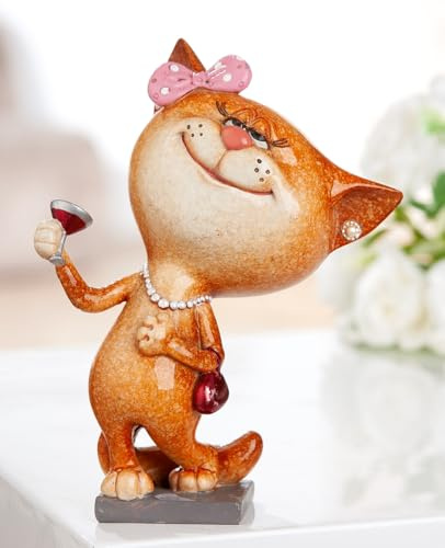 MF DivaCat Deko-Katzenfigur mit Weinglas, Grau-Weiß, 13,5 cm, Polyresin Skulptur mit Schleife und Perlenkette