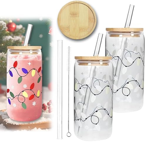 Color Changing Christmas Cup,Christmas Color Changing Glass Cup with Lid Straw and Coasters,Reusable Glass Drink Bottle,Change Color When Exposed to Cold,Xmas Party Decoration Gifts (2)