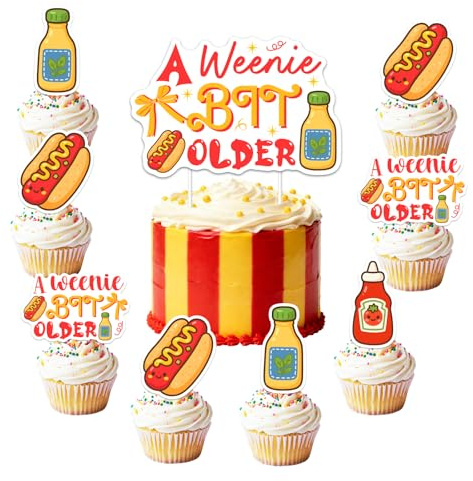 A Weenie Bit Older Cake Cupcake Toppers Hot Dog Birthday Party Decorations Hotdog Sausage Cake Decor for Kids BBQ Cookout Theme Hot Dog Bar Birthday Party Decor Supplies