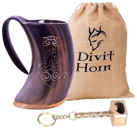 Cuerno Vikingo Auténtico Divit | La Jarra de Cerveza Arcaica | Estilo Real; Bebe en una Taza de Cuerno de Buey Auténtico (Thor Mug + Hammer Opener (650-700 ml))