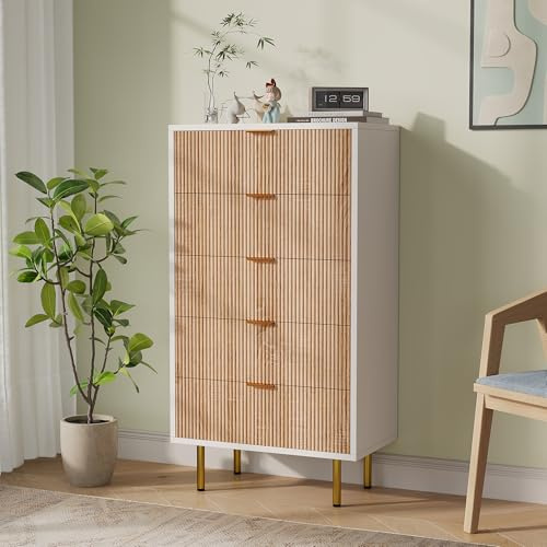 HFASD - Cajonera de 5 cajones, 60 x 34 x 110 cm, cómoda de dormitorio adulto con asas y patas de metal dorado, mueble de almacenamiento para sala de estar, dormitorio y entrada, madera (color madera +