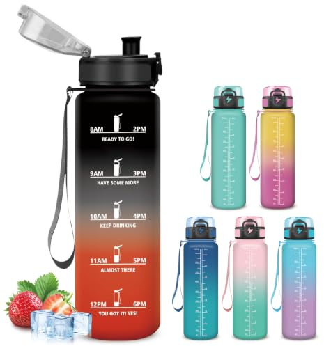 Mujigaga Gourde 1l, Gourde Anti Fuite, Bouteille Sport avec Marqueur de Temps, Bouteille d'eau Motivation, Verrou de Sécurité, Facile à Transporter et à Nettoyer, pour Gym, École, Yoga