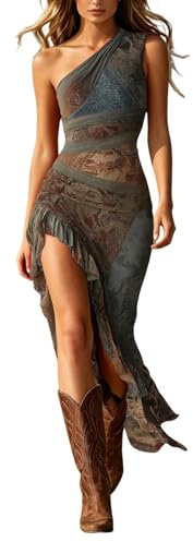 Maxivestido Boho para Mujer con Estampado Paisley, de un Solo Hombro, sin Mangas, con Dobladillo asimétrico de Volantes y Abertura Lateral Alta; Estilo Ajustado. e616