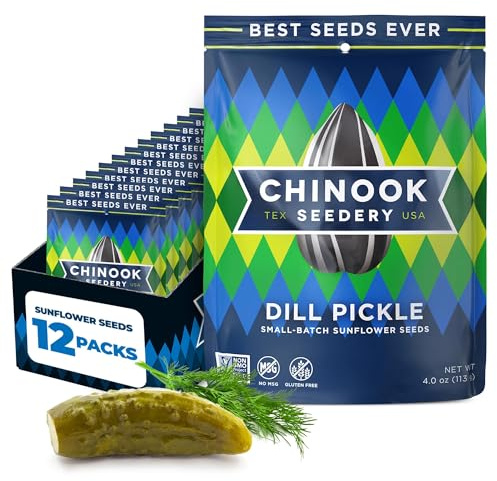 Chinook Seedery Sunflower Seeds to Eat — Jumbo, Flavored, Roasted, Low Sodium Snacks — Keto Friendly, Gluten-Free, Non-GMO — Dill Pickle Sunflower Seeds 4 oz (12-Pack)