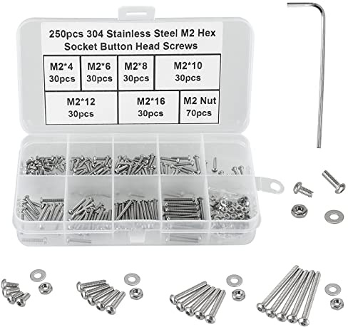 FandWay 250Pcs M2 Bolts and Nuts Set,Small Button Head Machine Screws ISO 7380 Allen Screws, 304 Stainless Steel Hex Bolts and Washers Set Fully Threaded With 1 Allen Keys.