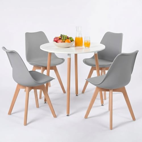 H.J WeDoo Esstisch mit 4 Stühle Essgrupp Holztisch und Grau Skandinavisches Stuhl Esstisch Set für Esszimmer Küche 80cm