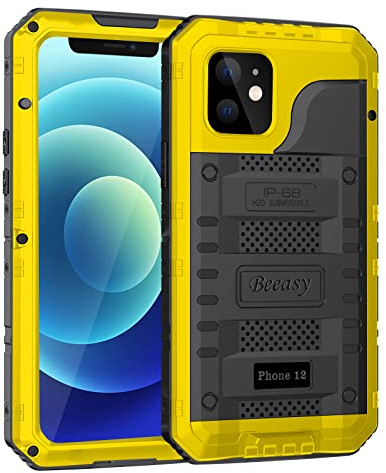 Beeasy für iPhone 12 Wasserdicht Outdoor Hülle (6,1), Stoßfest Panzerhülle Militär 360 Grad Schutzhülle mit Displayschutz, Robust Metall Heavy Duty Handyhülle iPhone 12 Case, Gelb