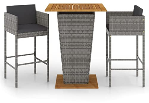 vidaXL Gartenbar Set 3-TLG. mit Kissen Theke Bar Tresen Gartentheke Bartisch Stehtisch Barhocker Barstuhl Gartenmöbel Poly Rattan Grau