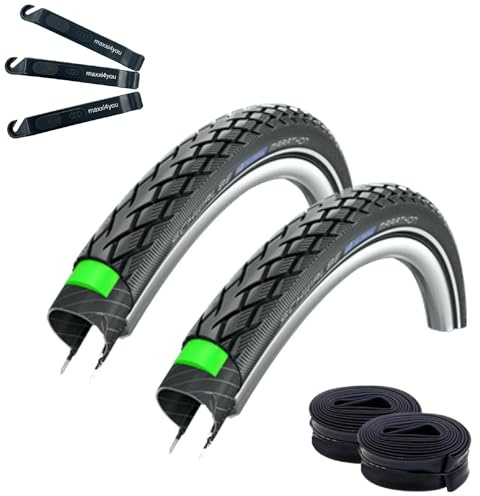 2 x Schwalbe Marathon Eco G-Guard Fahrradreifen Schwarz mit Reflex 40-635 (28 x 1 1/2) + 2 Schwalbe AV17 Schläuche inkl. maxxi4you Reifenheber
