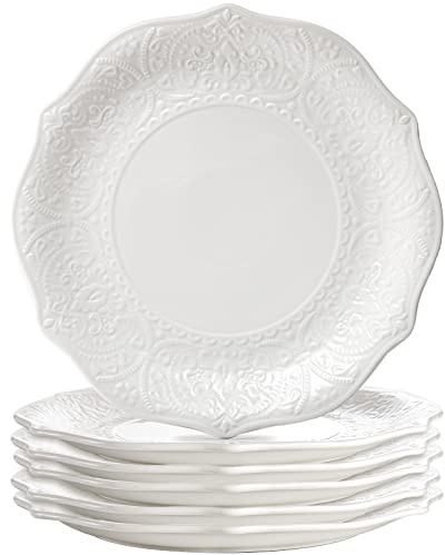 SOUJOY Set of 6 Porcelain Dinner Plate, 10.5'' White Dinner Dish, Embossed Printing Dinnerware Plate for Dinner, Restaurant, Family Party and Kitchen, Microwave, Dishwasher Safe