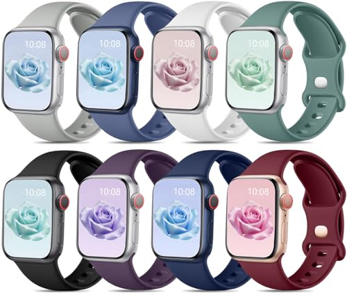 Mastten 8 Stück Sport Armbänder Kompatibel mit Apple Watch Armband 40mm 41mm 42mm 38mm Damen Herren, Weiche Silikon Wasserdicht Band für iWatch SE Armband Series 11 10 9 8 7 6 5 4 3 2 1, Dunkle