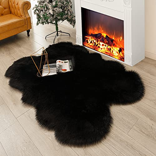 CKLZSAY Fluffy Faux Fur Rug Black Sheepskin Area Rug,4x6 Ft Ultra Soft Shaggy Plush Rug for Bedroom Bedside Living Room Nursery Kids Room