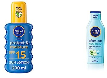 NIVEA SUN Protect & Moisture Sun Spray SPF15 (200ml), Moisturising Suncream Spray SPF15 + UVB Protection & SUN After Sun Moisturising Soothing Lotion (400 ml), Cooling Moisturiser with Aloe Vera