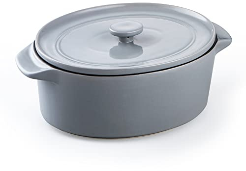 MALACASA Baking Dish with Lid Stoneware Round Table Baking Dish with Handles and Lid Ideal for Lasagne/Pie/Casserole/Tapas, Grey (2550ML,25.5X20X11.5cm),Series Bake.Bake