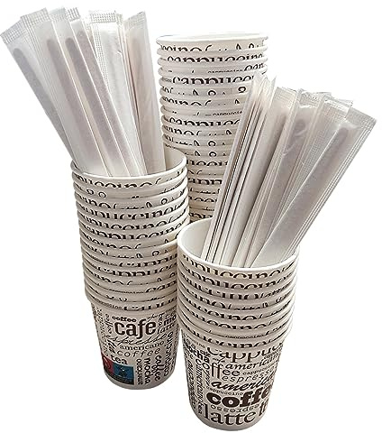 200 Vasos Desechables Café de Papel Cartón de 120 ml, Vasos Resistentes y Elegantes para Bebidas Calientes o Frías, Perfectos para Oficina y Hogar. Incluyen 200 Paletinas de Madera