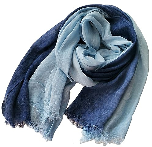 ANIDL Cotton Linen Fashion Scarf,Gradient Two-tone Four Season Scarf Shawl Beach Gauze,Long Lightweight Travel scarf 75×35 (Light blue + Royal blue)